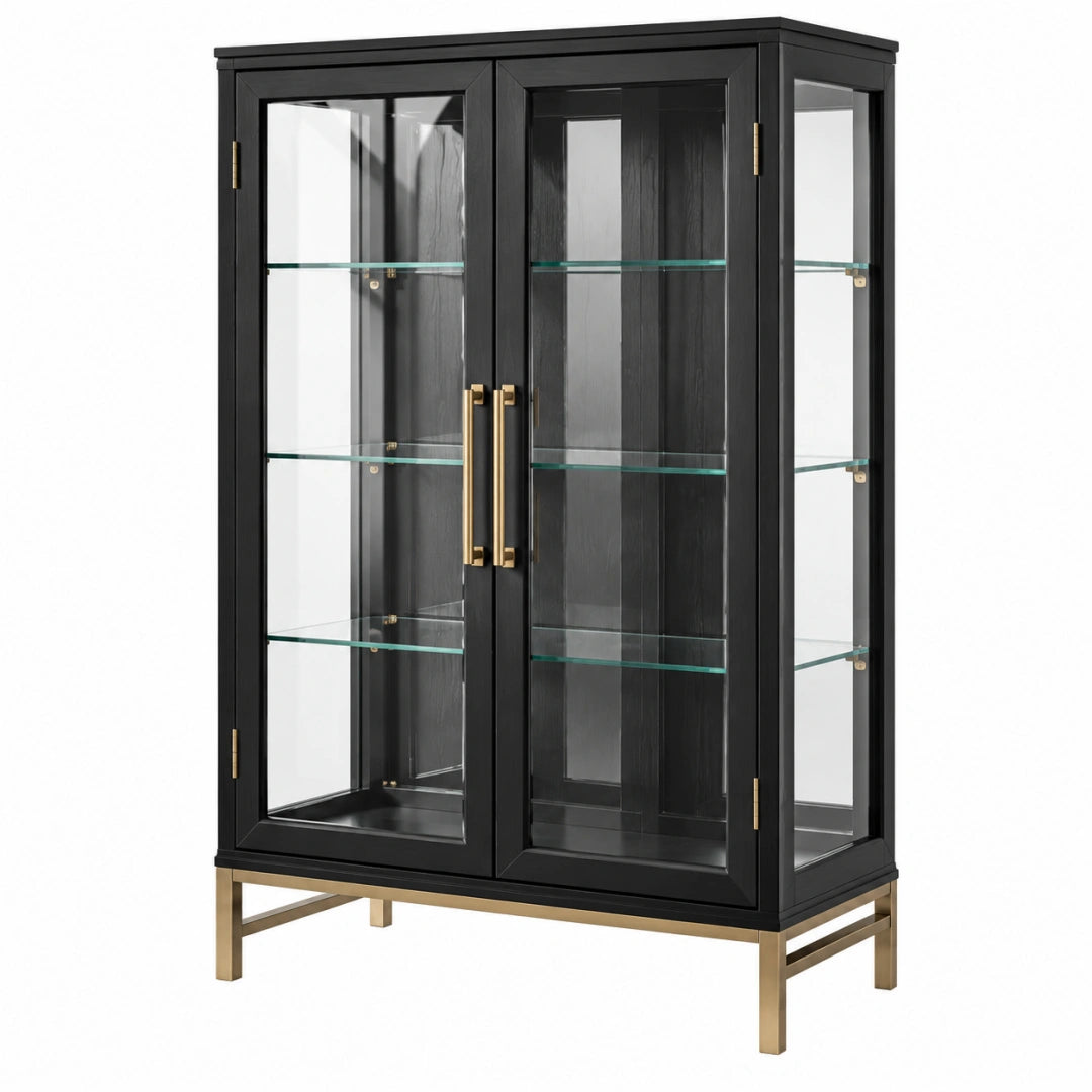 Vitrine 100 x 45 x 180 cm en bois noir et verre - rangement contemporain