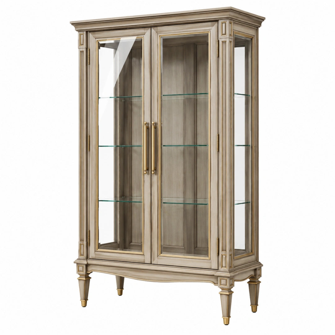 Vitrine 100 x 45 x 190 cm en bois gris taupe et verre style classique avec portes vitrées