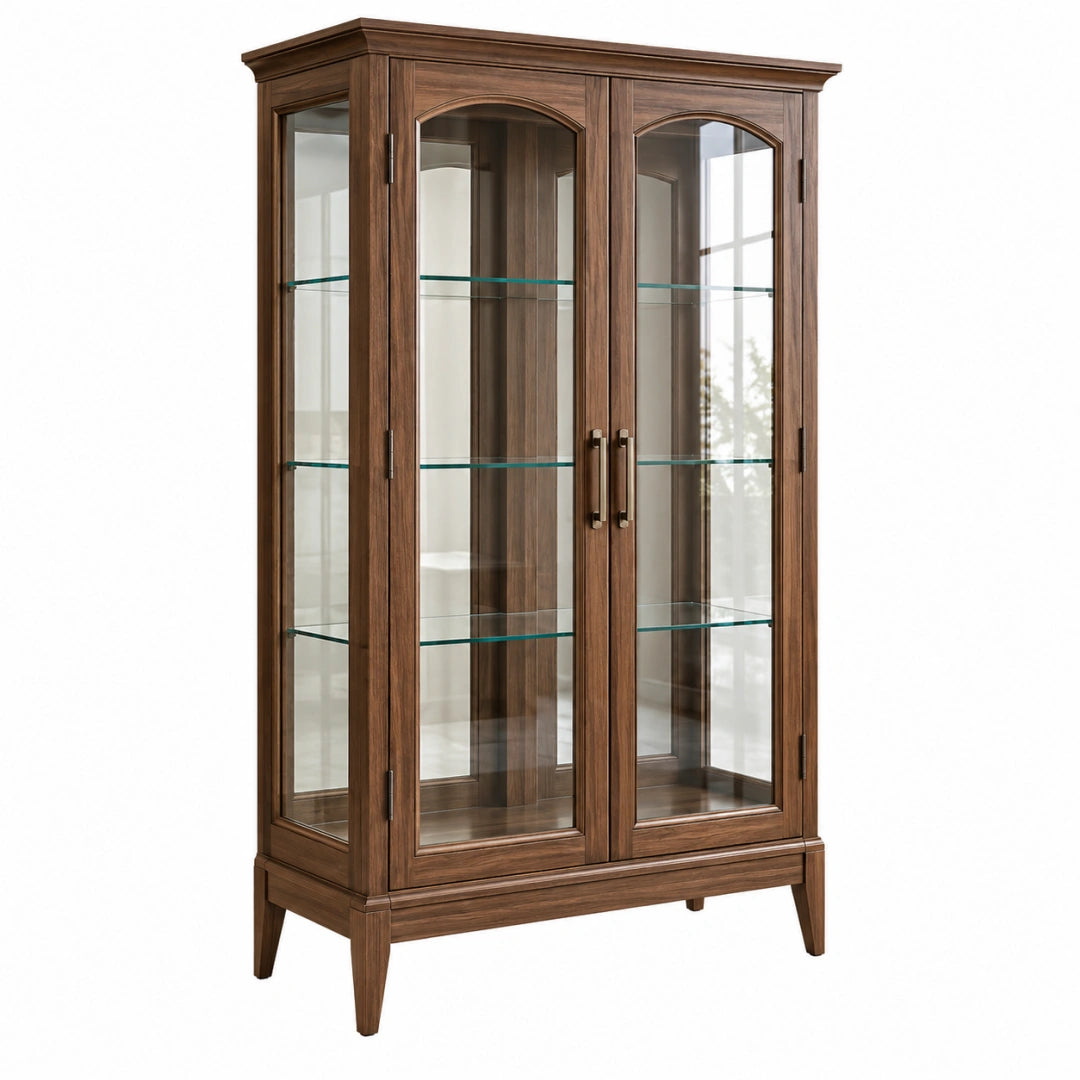 Vitrine 100 x 45 x 190 cm en bois marron avec portes vitrées style classique