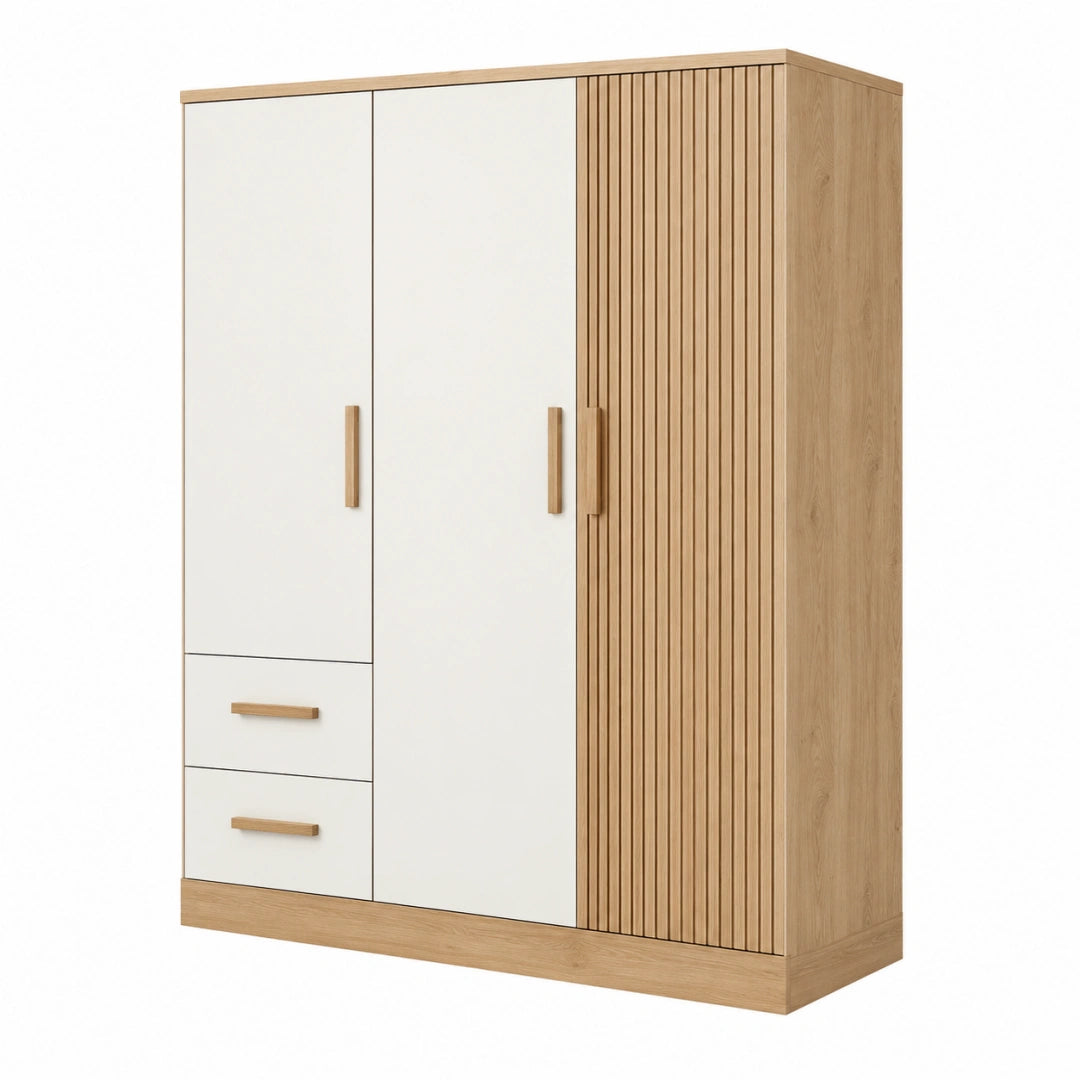 Armoire 3 portes 150 x 55 x 200 cm blanc et chêne clair avec tiroirs style contemporain