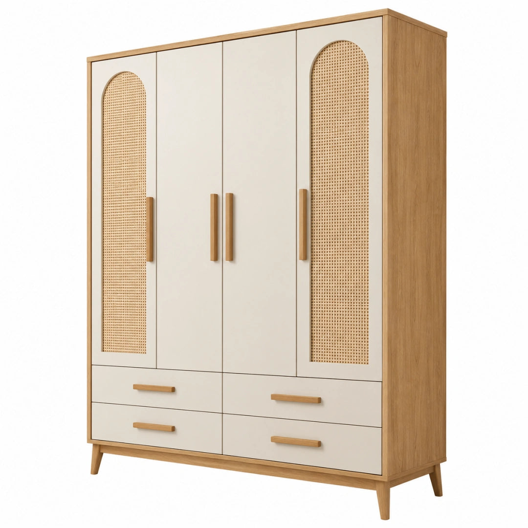 Armoire de rangement 160 x 55 x 200 cm bois naturel et blanc avec panneaux tressés style bohème