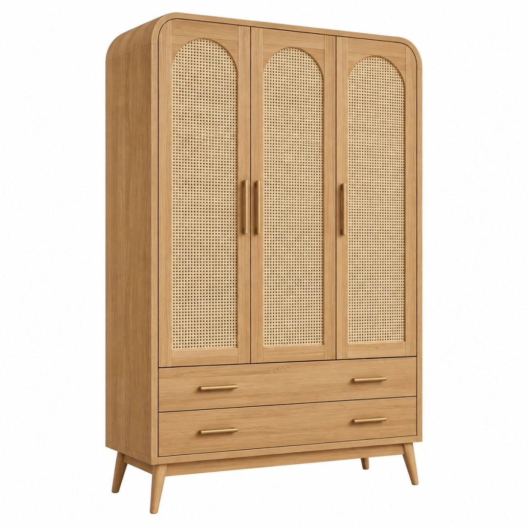 Armoire 120 x 55 x 190 cm en bois naturel et cannage style rétro