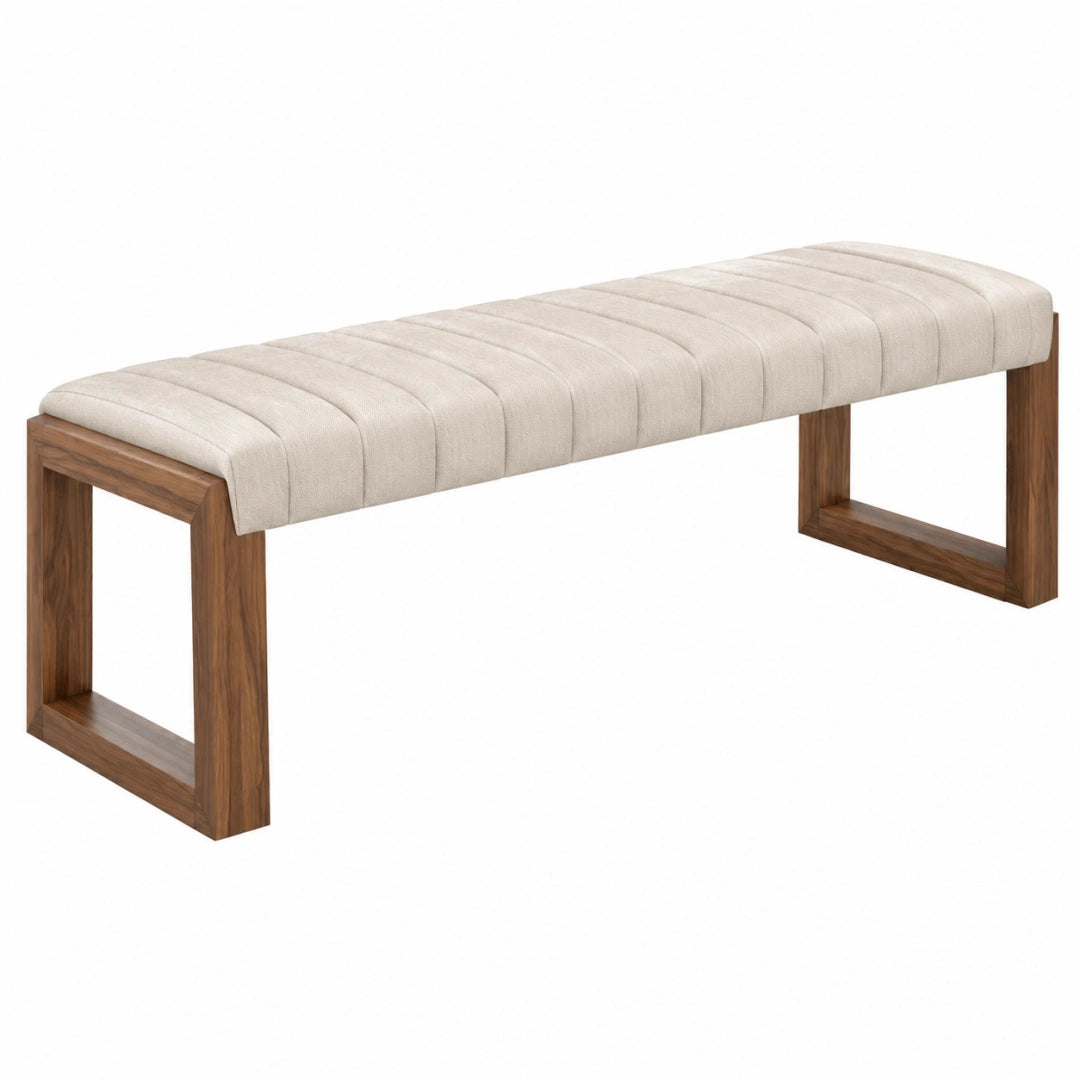 Banc 160 x 40 x 45 cm en bois brun et tissu beige - assise capitonnée moderne
