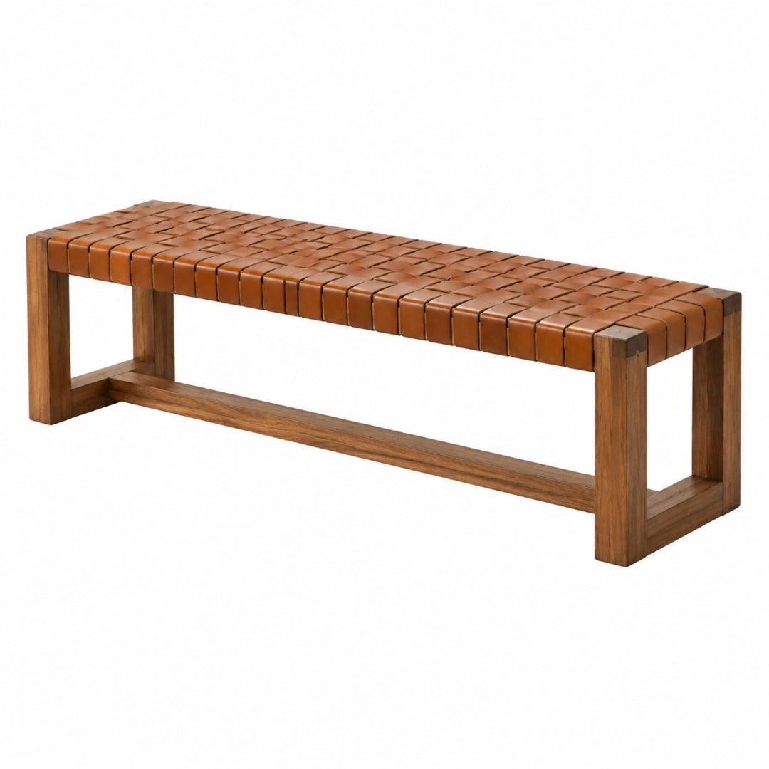 Banc 140 x 40 x 45 cm en bois et cuir tressé marron cognac style contemporain pour entrée