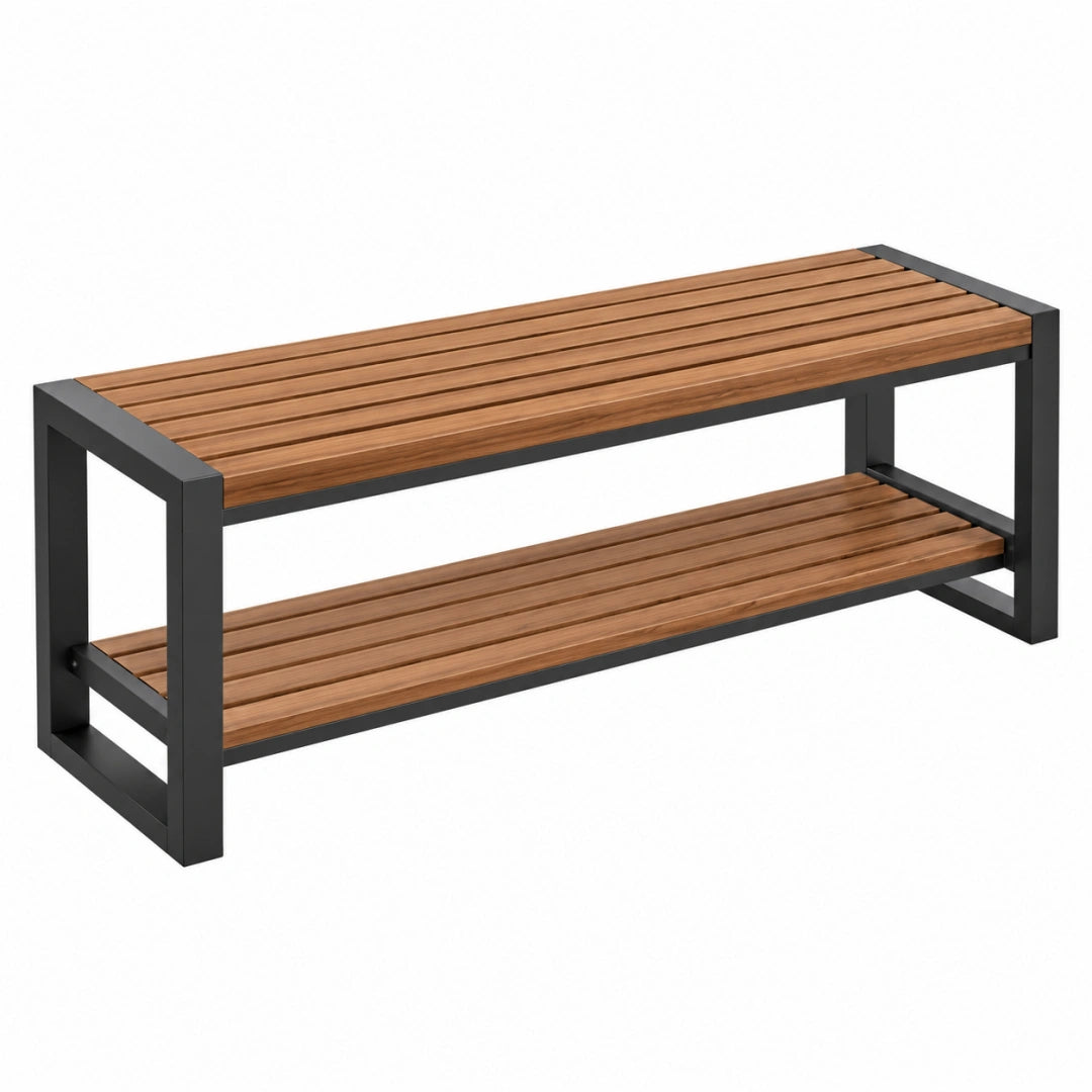 Banc de jardin 120 x 40 x 45 cm bois brun métal noir à deux niveaux moderne
