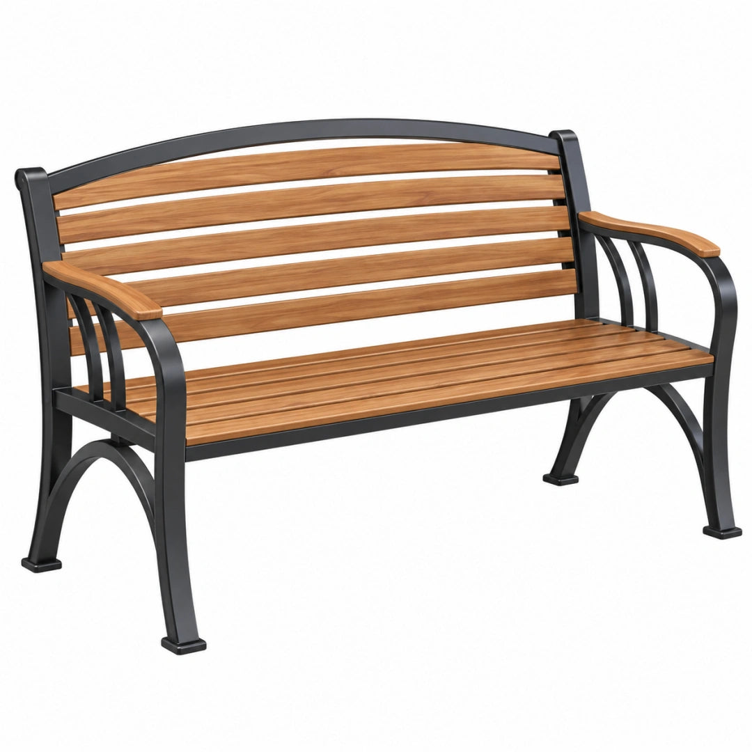 Banc de jardin 122 cm en bois et métal marron noir avec accoudoirs