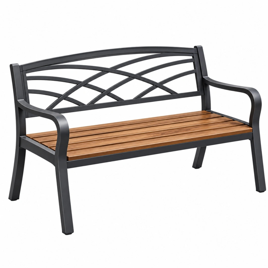 Banc de jardin 122 x 65 x 90 cm en métal et bois noir/marron style contemporain