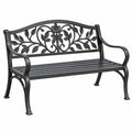 Banc de jardin 127 cm en métal noir avec dossier floral et accoudoirs