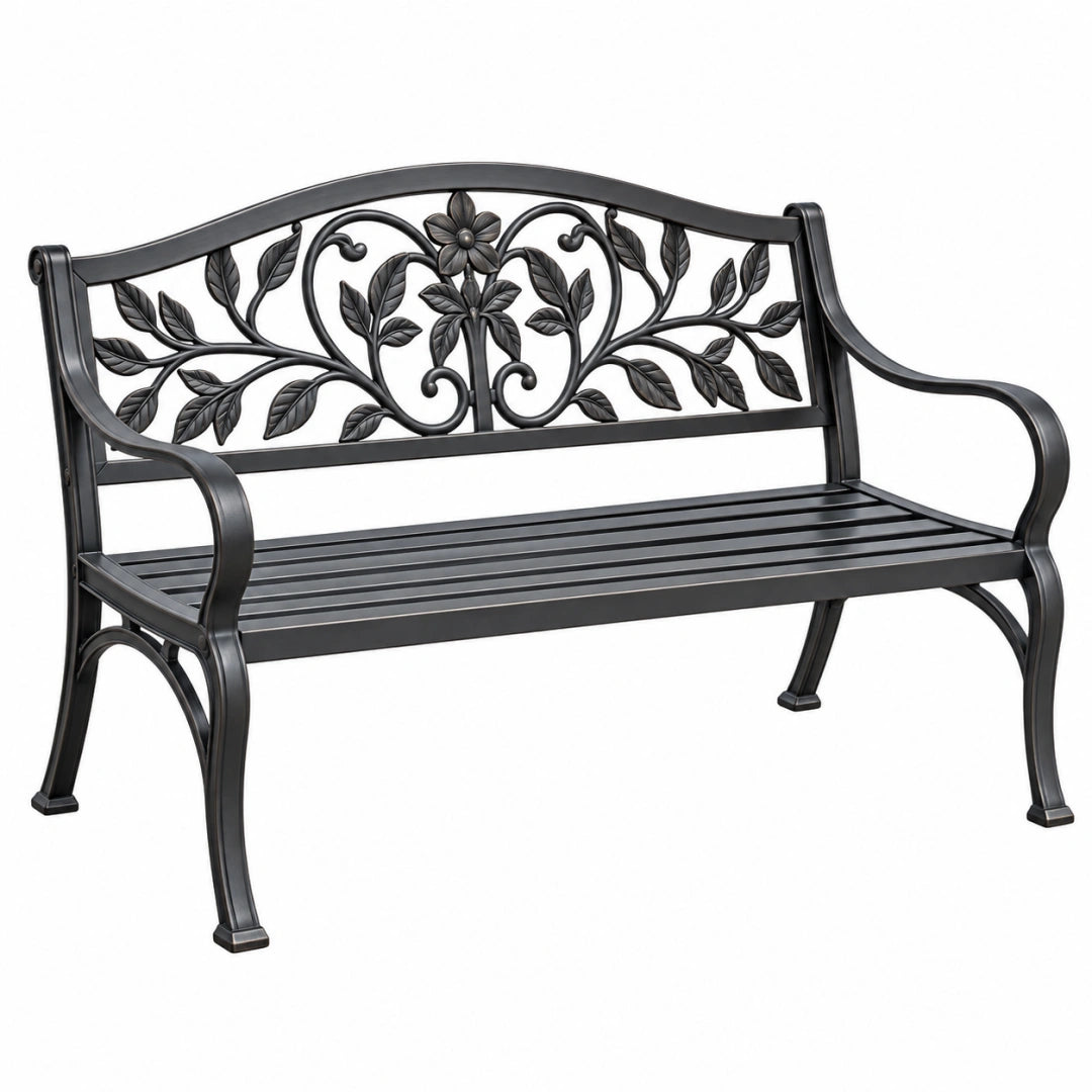 Banc de jardin 127 cm en métal noir avec dossier floral et accoudoirs