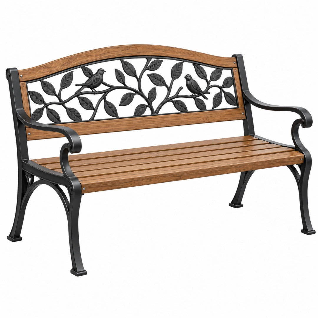 Banc de jardin 127 x 62 x 88 cm en métal noir et lattes aspect bois style nature