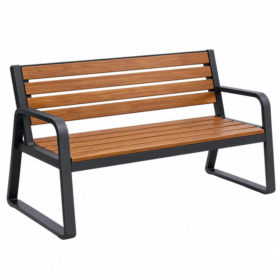 Banc de jardin 122 x 65 x 82 cm en bois et acier noir style contemporain