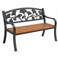 Banc de jardin 120 cm en métal noir et bois brun à motif végétal