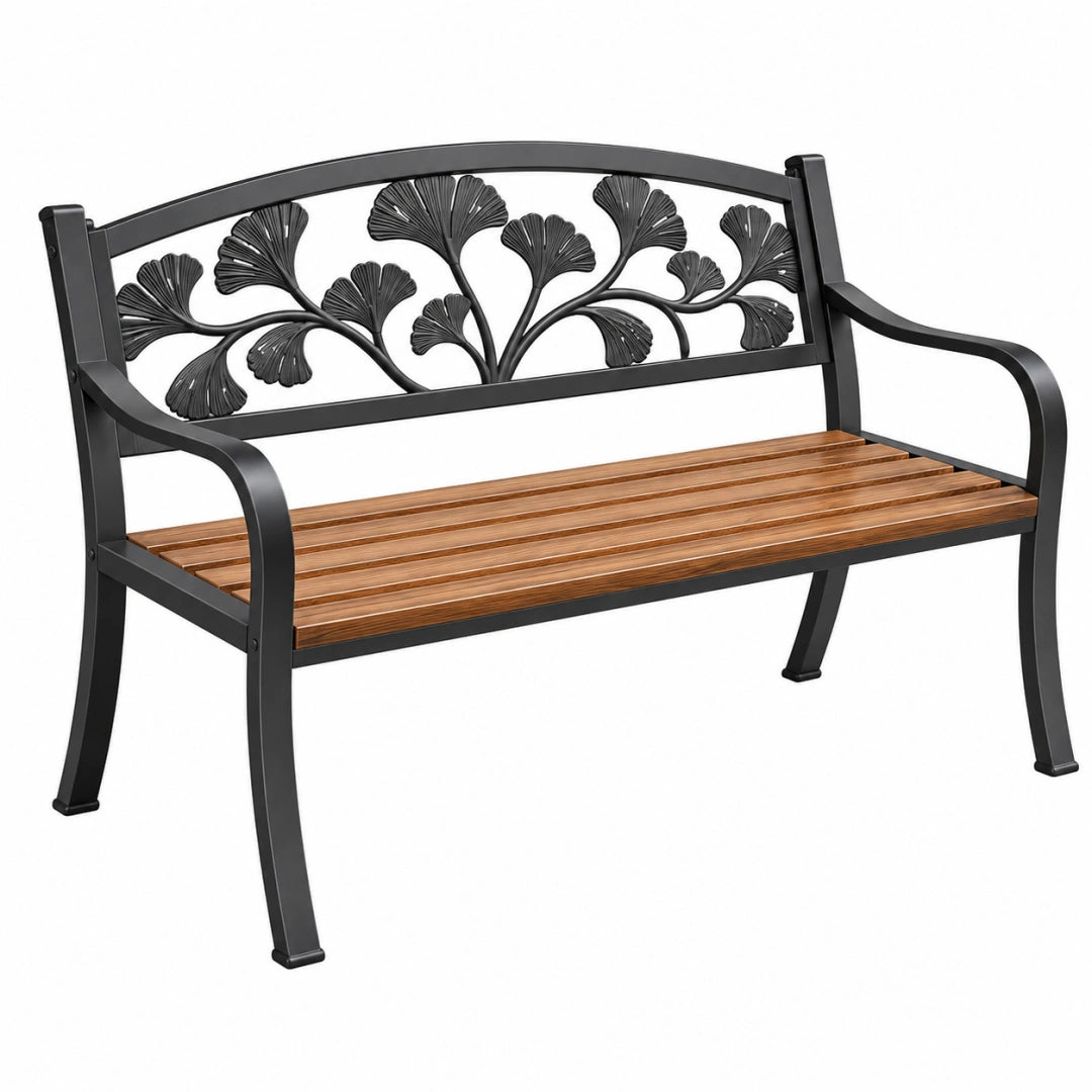 Banc de jardin 120 cm en métal noir et bois brun à motif végétal
