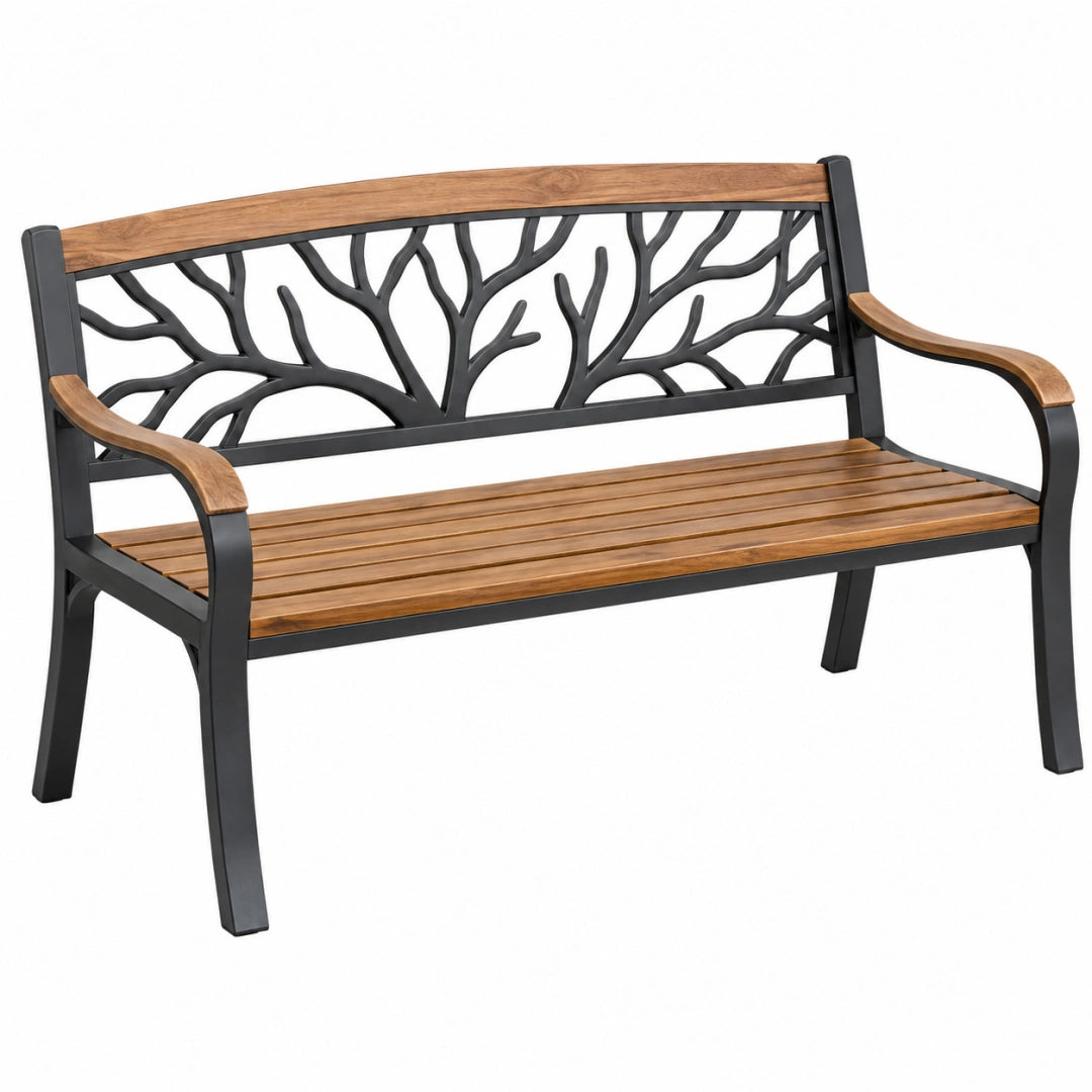 Banc de jardin 122 cm bois brun métal noir dossier branches