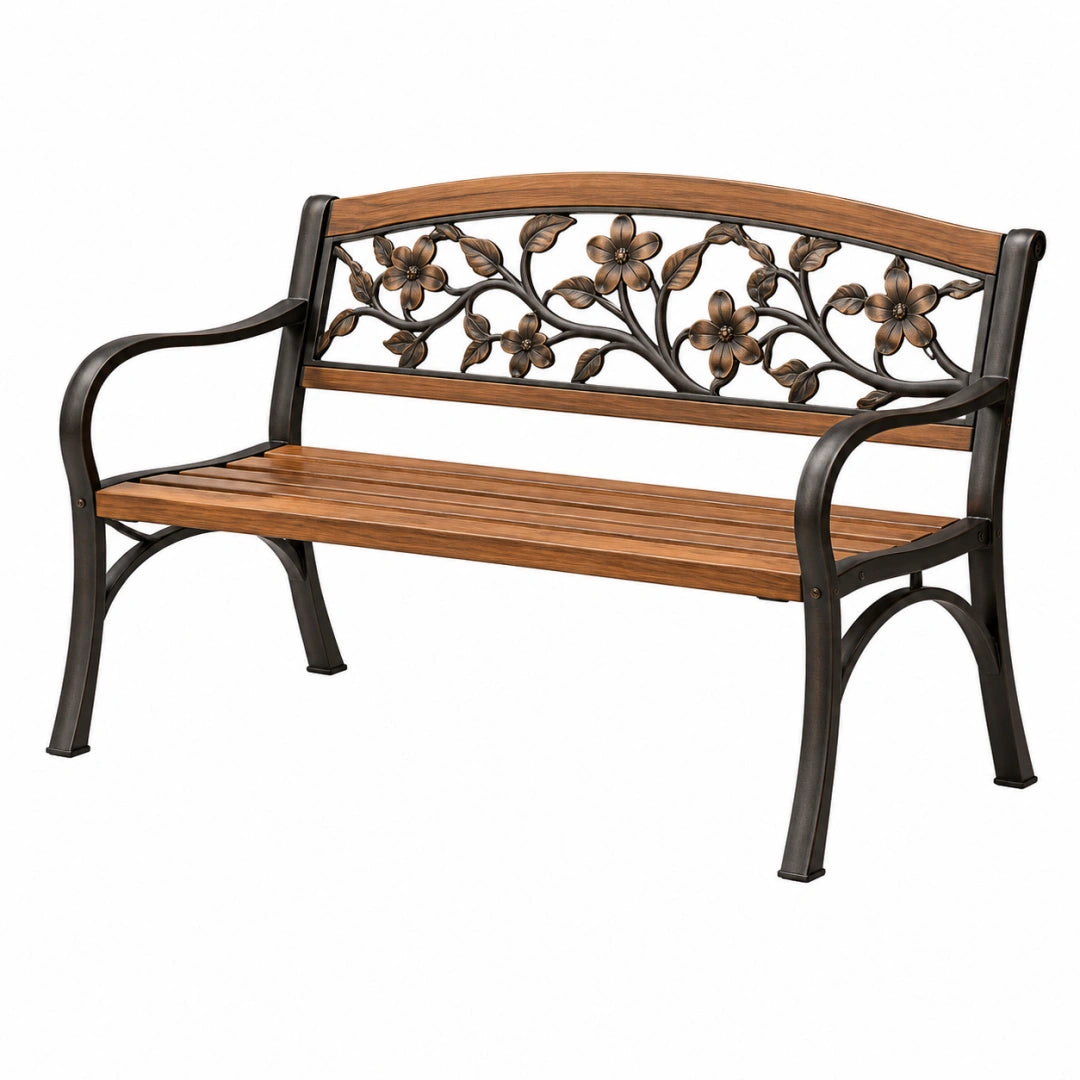 Banc de jardin 125 x 62 x 85 cm en bois et métal marron style floral